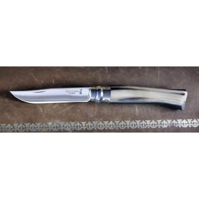 Нож Opinel №8, нержавеющая сталь, полированный клинок, рукоять светлый рог буйвола, дерев футляр фото 3